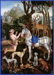 Gravure uit 1501 met Sint Eustatius (de patroonheilige van de jacht) wordt afgebeeld in het gezelschap van zijn (wind)honden.